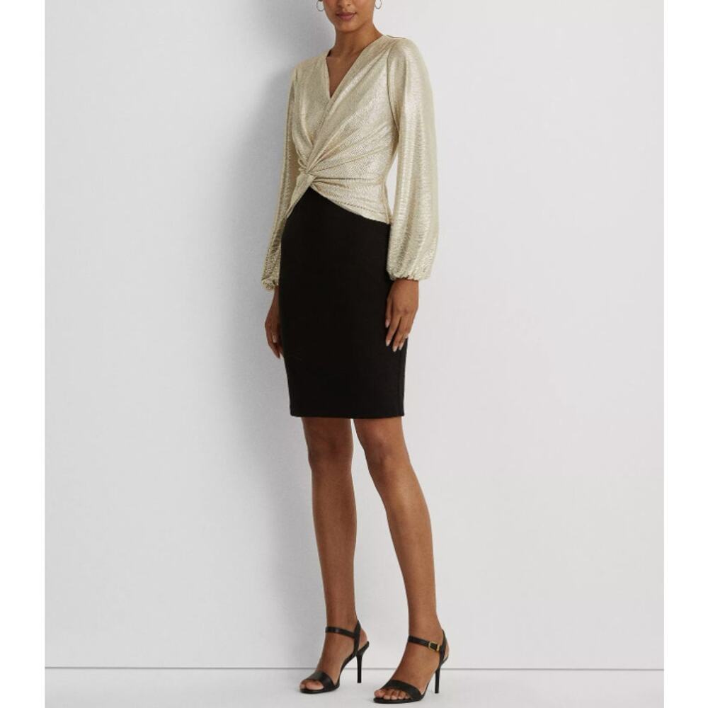 Lauren Ralph Lauren Metallic Gold Black Jersey Dress Twist Front Size 2